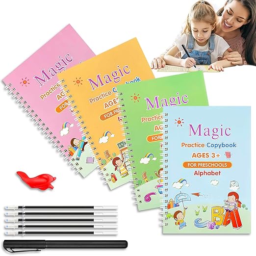 Magic Practice Copybook for Kids, Magic Calligraphy That Can Be Reused,Magical Handwriting Workbooks Practice Copybook for Preschoolers Kindergarten(4Book + Pen Set)