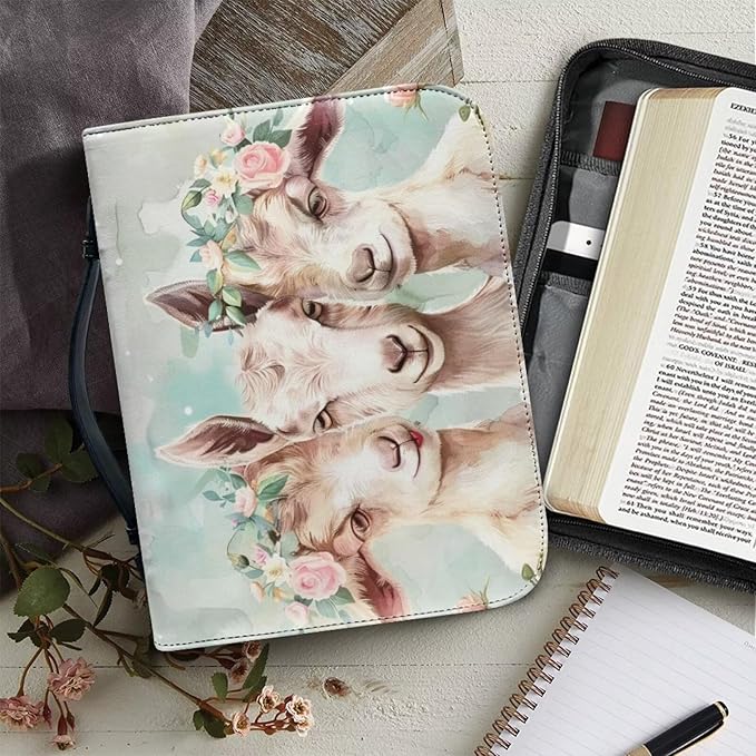 Lotusorchid Flowers Goat Printed Bible Cover for Women, Large Bible Cover for Women PU Leather Bible Case Bible Carrying Case Bible Covers Church Bag Bible Protective with Handle and Zippered Pocket