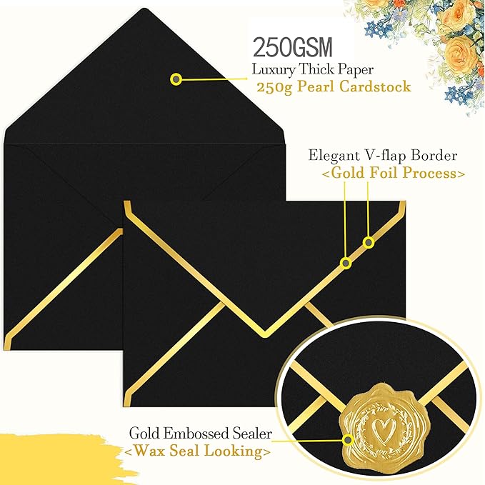 60 Pack Gold Envelopes 5x7 Bluk Black, 250G Pearled Cardstock A7 Envelopes for Invitations Business Mailing Envelope with Gold Foil Border, A6 4x6 Envelopes for Wedding Baby Shower Cards