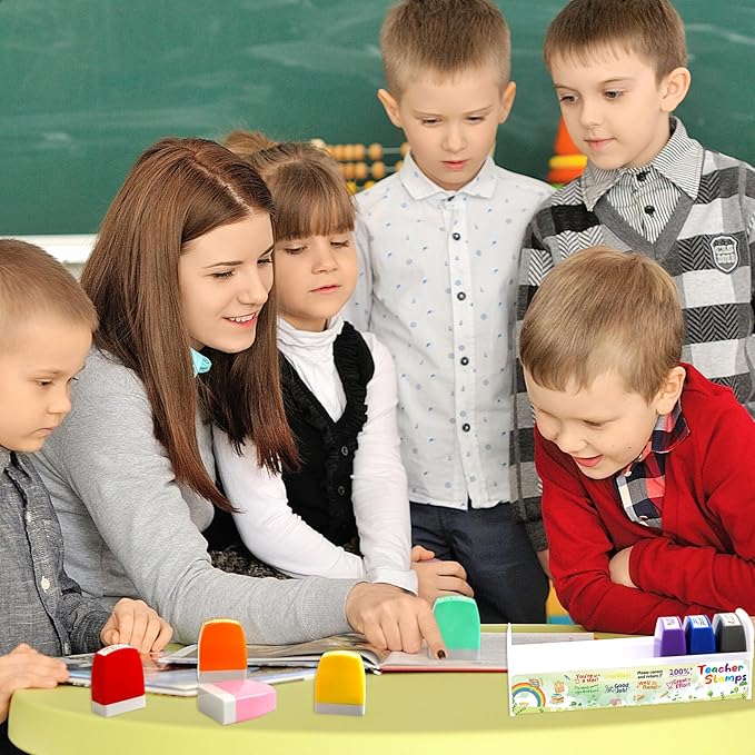 Teacher Stamps for Grading Motivational Teacher Self-Inking Stamp Set Encouraging Signature Stamp for Classroom Supplies 8 Packs Multicolor