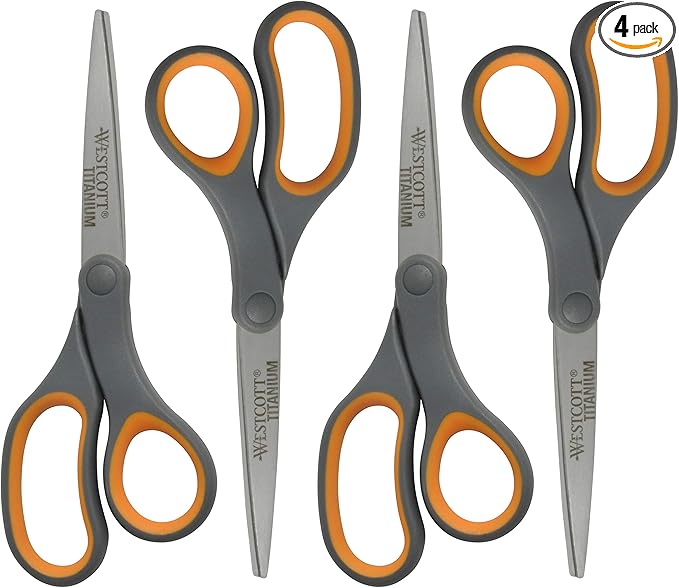 Westcott Titanium Bonded Scissors, Soft Handle, 8", Straight, Gray/Yellow, 4-Pack