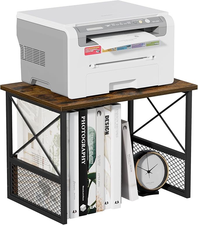 Printer Stand for Desk, Desktop Printer Stand Shelf Organzier for Home Offic, for Above and Under Desk, Fax Machine Copier Scanner, Rustic Brown