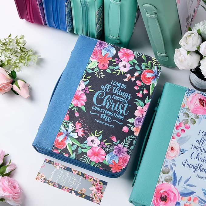 Bible Covers Case for Women Large Leather Bible Carrying Cases Holder Pink 10.8"x7.8"x2" Floral Bible Carrier Tote Bags with Bookmarks Handles Pockets Christian Bible Book Accessories Gifts