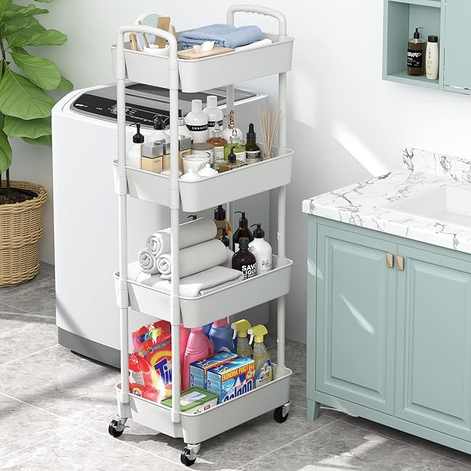 Sywhitta 4-Tier Plastic Rolling Utility Cart with Handle, Multi-Functional Storage Trolley for Office, Living Room, Kitchen, Movable Storage Organizer with Wheels, White