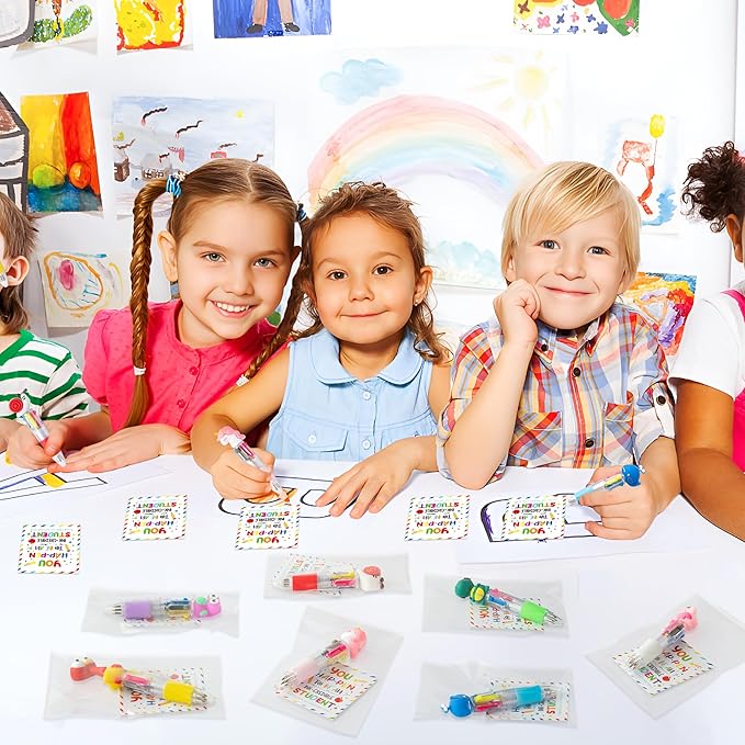 ANGOLIO 84Pcs End of Year Student Gift Includes Cute Cartoon 4 in 1 Multicolor Retractable Ballpoint Pen with Gift Cards for Kindergarten Party Gifts Bulk for School Exchange Gift