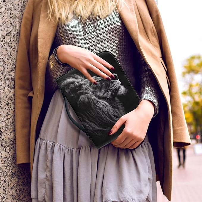 Lotusorchid Lion Print Faux Leather Bible Covers for Men, Portable Zippered Bible Carrying Case Bible Tote Bag for Women Girls, Christian Bible Study Accessories, Black, L