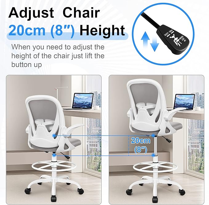 Primy Ergonomic Drafting Chair with Flip-up Armrests for Standing Desk - Tall Office Chair with Lumbar Support and Adjustable Footrest Ring（Gray）