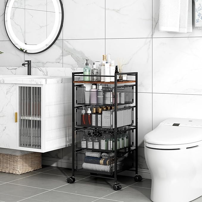 EasyPAG Rolling File Cabinet 4 Drawers Metal File Organizer Storage Cart Mobile File Cart with Removable Drawers with 4 Swivel Casters Rolling Wheels Cart, Black