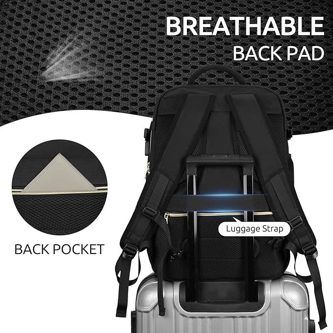 Travel Backpack for Women, Carry On Backpack for Airplanes Flight Approved, Waterproof Large Weekender Overnight Bag Fit 15.6 Inch Laptop with USB Charging Port, Black