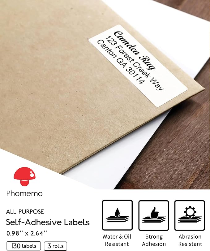 [3x130 pcs] Phomemo Address Labels, 0.98''x2.64'' (25x67mm) M110 M100 M220 M221 M120 M200 Labels, White, 130 Labels/Roll, 3 Rolls, All-Purpose Adhesive Thermal Phomemo Original Labels