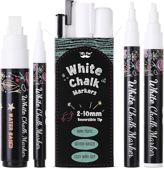 Mr. Pen- White Chalk Markers, 4 pcs, Assorted Size, Chalk Marker, Chalk Pen, Liquid Chalk Marker, Chalk Markers White, White Chalk Pen, Chalkboard Marker, White Chalkboard Marker, Chalkboard Pen