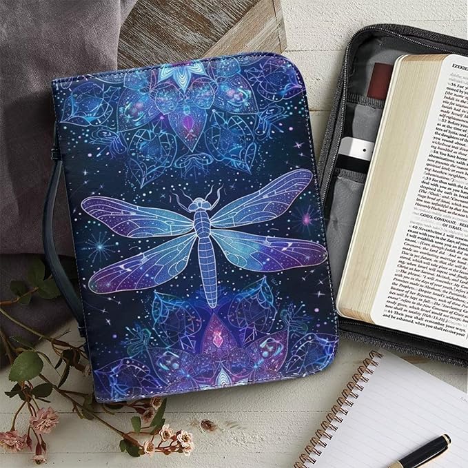 Lotusorchid Dragonfly Print Bible Covers for Women PU Leather Bible Case, Portable Bible Tote Bag Bible Book Carrying Case Christian Bible Accessories with Handle Pocket, Blue, 2XL