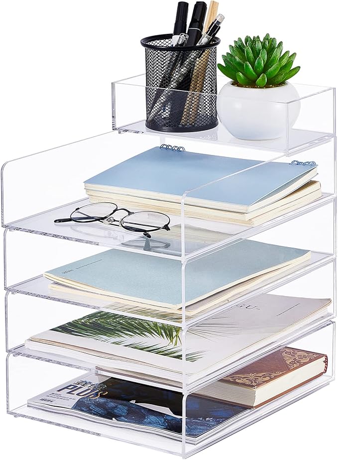 Yulejo Stackable Acrylic Paper Tray Clear Acrylic Desk Organizer Letter Size Paper File Tray for Office Document Workspace Desktop (5 Tier)