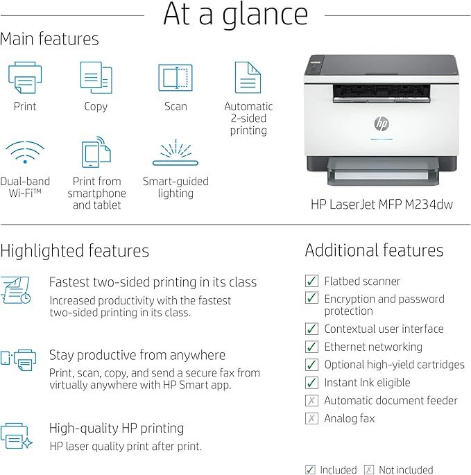 HP LaserJet MFP M234dw Wireless Monochrome All-in-One Printer Scanner, Copier, Fax, Bluetooth, Wifi, USB, Ethernet Connectivity, Instant Ink ready Ideal for Small Businesses and Home Offices (Renewed)