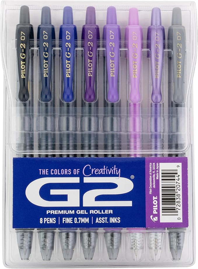 PILOT, G2 Premium Gel Roller Pens, G2 Boost Purples Pack, The Colors of Creativity, 8 Pack Pouch, Fine Point 0.7 mm, Assorted