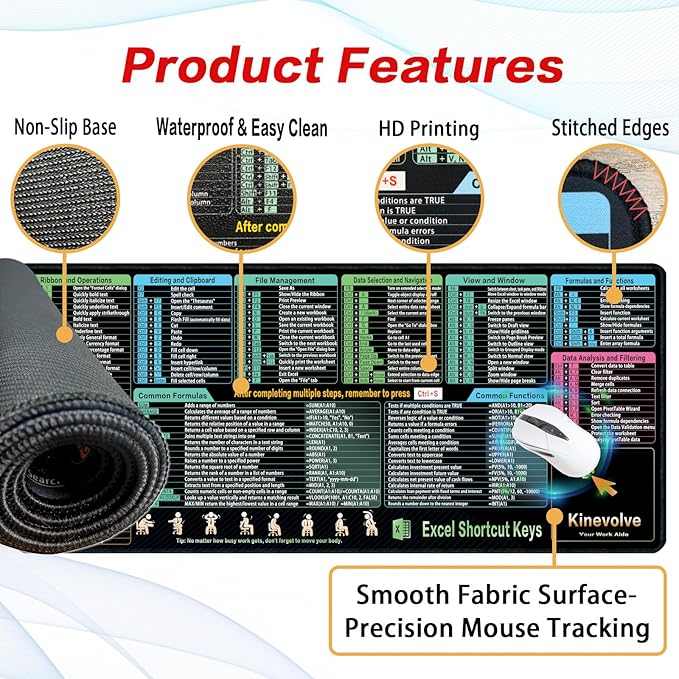 Excel Shortcut Kyes Mouse Pad,Large XXL Excel Cheat Sheet Desk Pad,Pc Office&Gaming Keyboard Mat, Non-Slip Spreadsheet Shortcuts Mousepad 35.4" x 15.7"