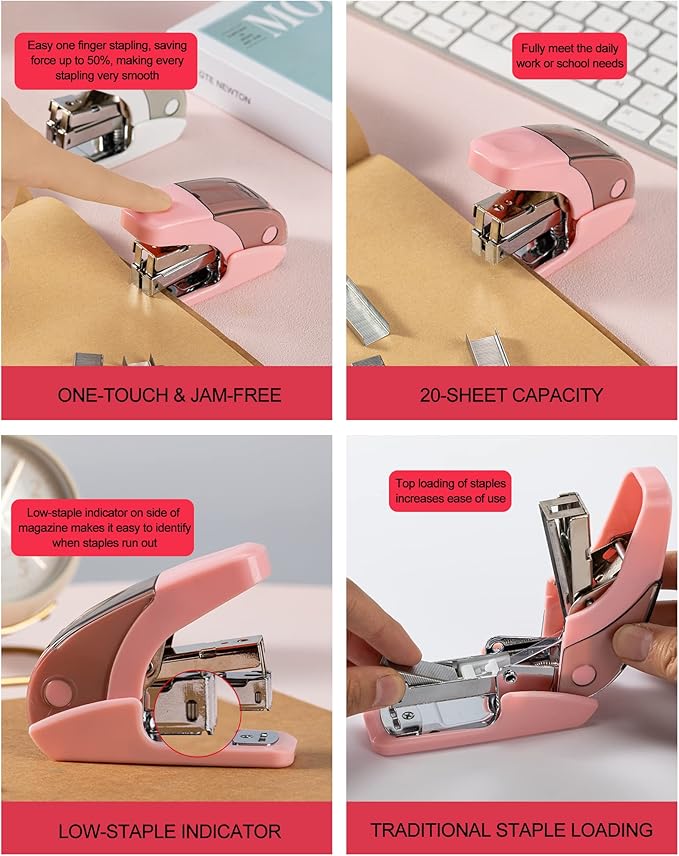 PAPERPAL Effortless Mini Stapler Set, 20 Sheet Capacity, Integrated Remover & Staple Storage, Holds 1/4" Staples, Includes 1000 Staples, Lightweight, Office, School & Daily Use, Pink