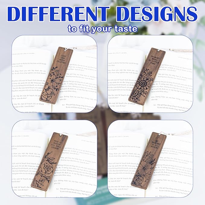 Flower Bookmark – Set of 4 Wooden Bookmarks with Tassels, Made from Walnut Wood,Funny Bookmark Gift for Men and Women, Novelty Gag Bookmark for Book Lovers,Christmas Stocking Stuffer