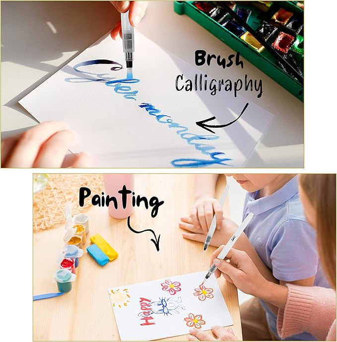 Mr. Pen Watercolor Brush Pens, 6 pcs, Pointed & Flat Tips, Nylon Bristles, White, Refillable, Portable Ink/Water Brush