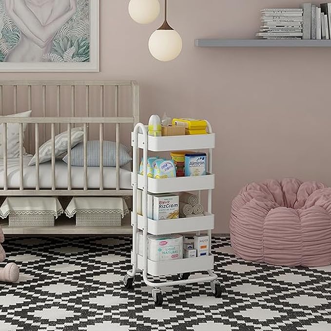 4-Tier White Rolling Cart,Metal Utility Rolling Cart with Handle,Steel Multifunction Rolling Carts with Wheels,Kitchen Storage Carts Suitable for Office,Home,Kitchen,Garden(13.4"x18.1"x40") White