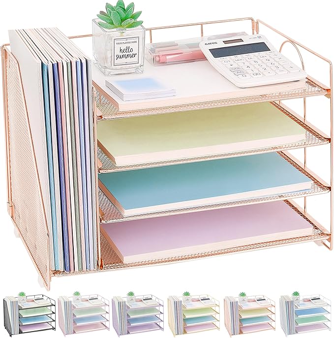 OPNCIE Desk Organizers and Accessories, 4 Tier Paper Letter Tray File Organizer, Office Organization Storage Desk Accessories Workspace Desktop Organizer for Classroom Office Supplies Decor, Rose Gold
