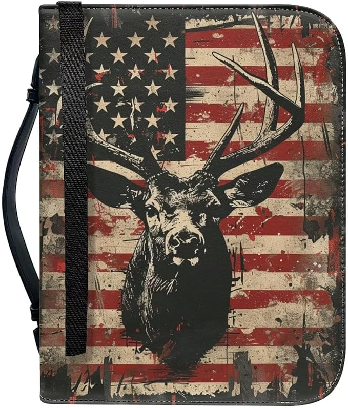 Lotusorchid American Flag Deer Printed Bible Bags, Faux Leather Bible Covers with Handle Pockets for Women, Portable Sturdy Bible Bag for Girls Ages 8-12, Christian Bible Study Accessories