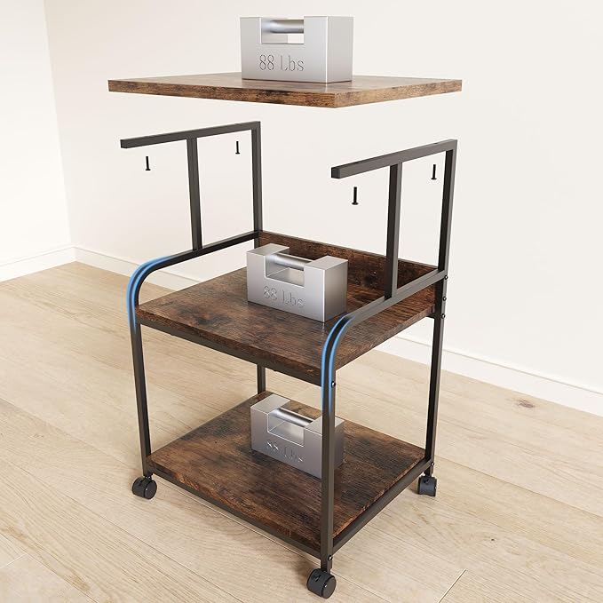 3 Tier Rolling Printer Cart with Wheels, Rustic Brown, Adjustable, Compatible with Printers, Fax Machines, Home Office, Kitchen, Living Room, Bedroom Storage Shelves