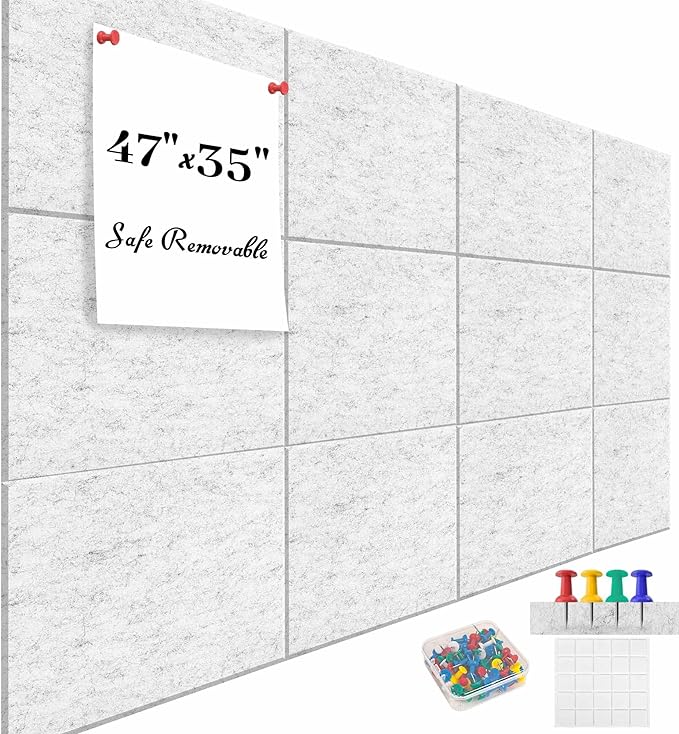 Large Cork Board for Office White Grey Felt Board Alternative-12 Pack Felt Wall Tiles for Office Wall Decor,Felt Bulletin Board Tiles,Push pin Board Wall Organizer for Office