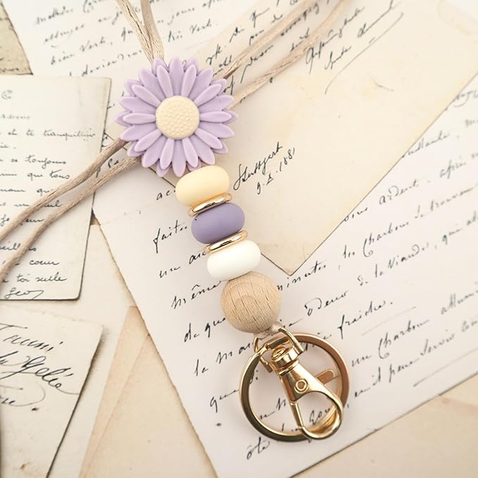 Flower Teacher Lanyards ID Badge and Key Chain, Cute Silicone Beads Lanyard for Women Nurse Work Student (Lavender)
