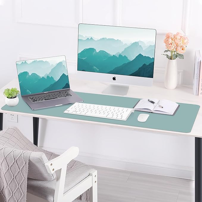 Leather Desk pad Protector,47 * 17in Large Desk mat with Natural Cork & PU Leather,Mouse pad,Non-Slip Office Desk Mat,Waterproof Desk Writing Pad for Office and Home (Light Blue)