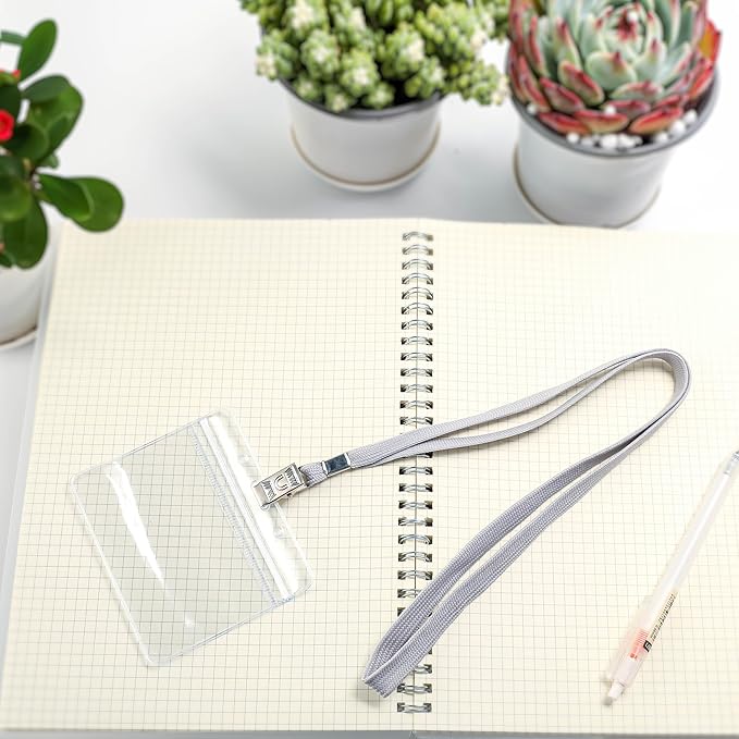 100Pcs Clear Plastic Horizontal Name Tags Badge ID Card Holders and 100Pcs Lanyards with Clip (Grey)