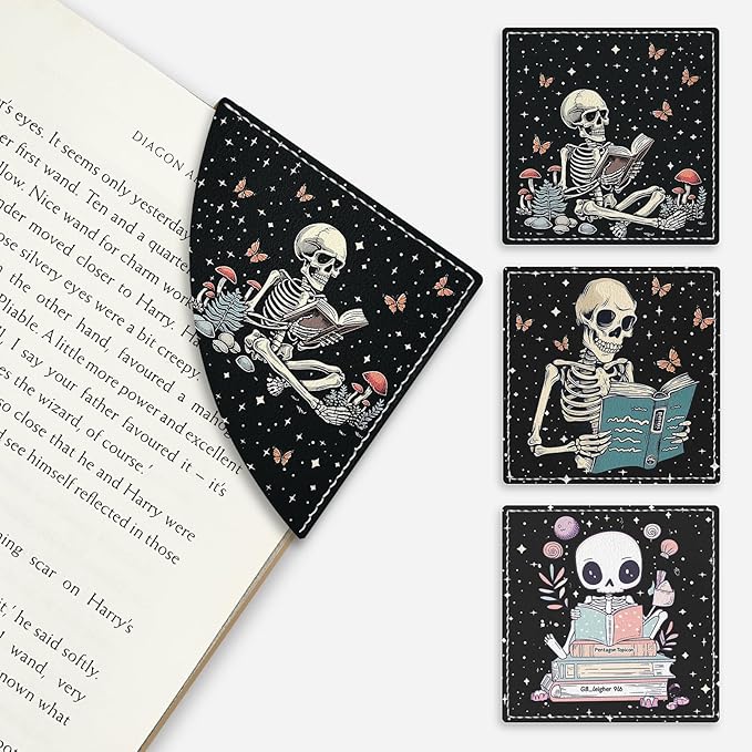 Skeleton Book Corner Bookmarks, Funny Leather Book Accessories for Book Lovers, 3 Pcs Reading Book Page Markers for Women Men Student Teacher Retirement Birthday Gifts
