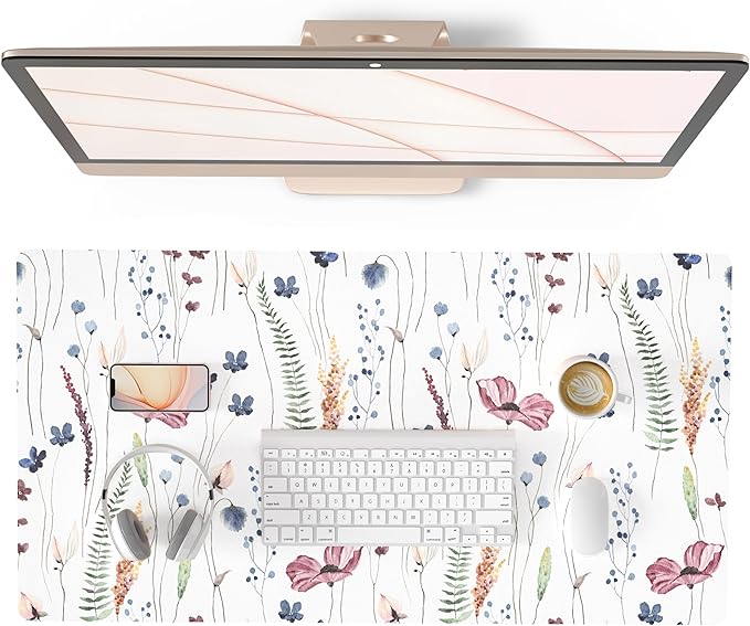 QIYI Large Mouse Pad, Cute Flower Desk Mat for Desktop, Women Girls Floral Office Décor Desk Accessories, PU Leather Waterproof Big Gaming Mousepad, Wildflowers Desk Pad Computer Mat, 31.5" x 15.7"