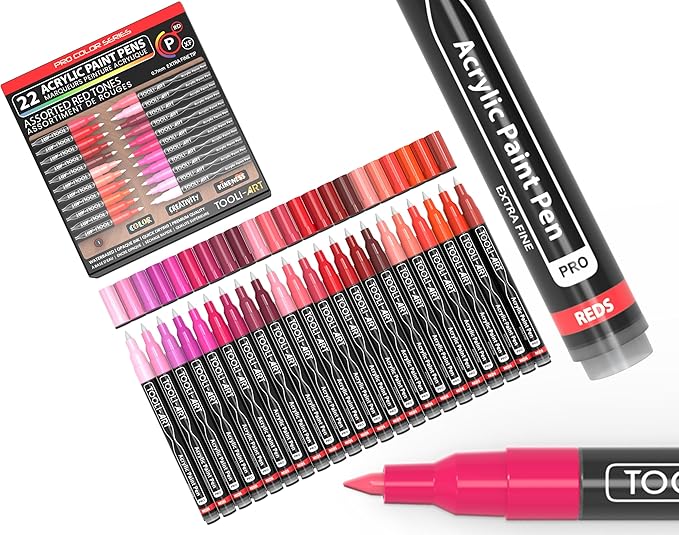 Acrylic Paint Pens 22 Red & Pink Tones Assorted Pro Color Series Markers Set 0.7mm Extra Fine Tip for Rock Painting, Glass, Mugs, Wood, Metal, Canvas, Projects, Non Toxic, Waterbased, Quick Drying