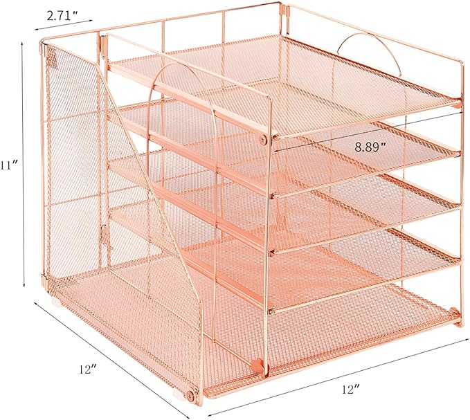 Desk Organizers and Accessories, 5-Tier Paper Letter Tray Organizer with File Holder, Desktop Organizer for Office Supplies, Office Desk Accessories & Workspace (Rose Gold)