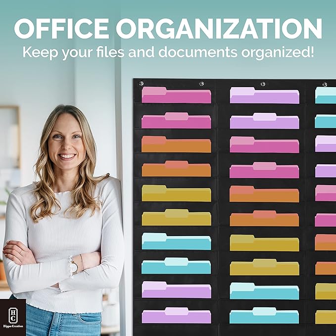 Black Pocket Chart for Classroom - 30 Pocket Storage Rainbow Pocket Charts , 5 Over Door Hangers Included, Hanging Wall File Organizer for File Folders, School Mailbox, Home/Office Papers