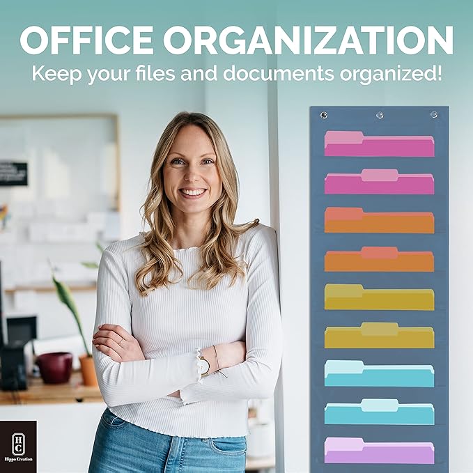 Hippo Creation Blue Pocket Chart for Classroom - 10 Pocket Storage Black Pocket Charts, 3 Over Door Hangers Included, Hanging Wall File Organizer for File Folders, School Mailbox, Home/Office Papers