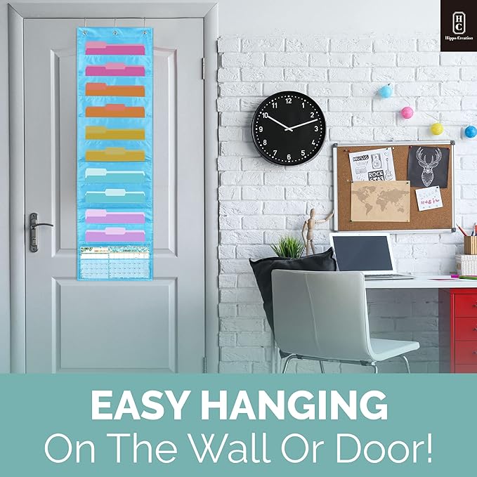 Hippo Creation Storage Pocket Chart for Classroom, 10 Pocket Storage Organizer with 3 Over-Door Hangers, Hanging Wall Organizer for File Folders, School Mailbox, Home Office Papers - Clear Blue