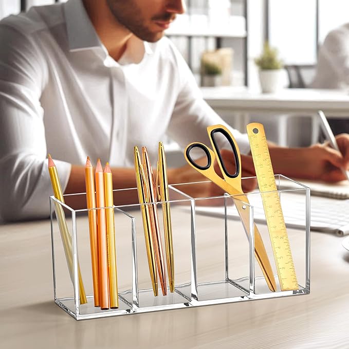 Amazing Abby - Penny - Acrylic 4-Compartment Pen Holder, Clear Plastic Organizer for Office Supplies, Perfect Office Desktop Storage Solution for Pencils, Pens, Markers, Scissors, and More