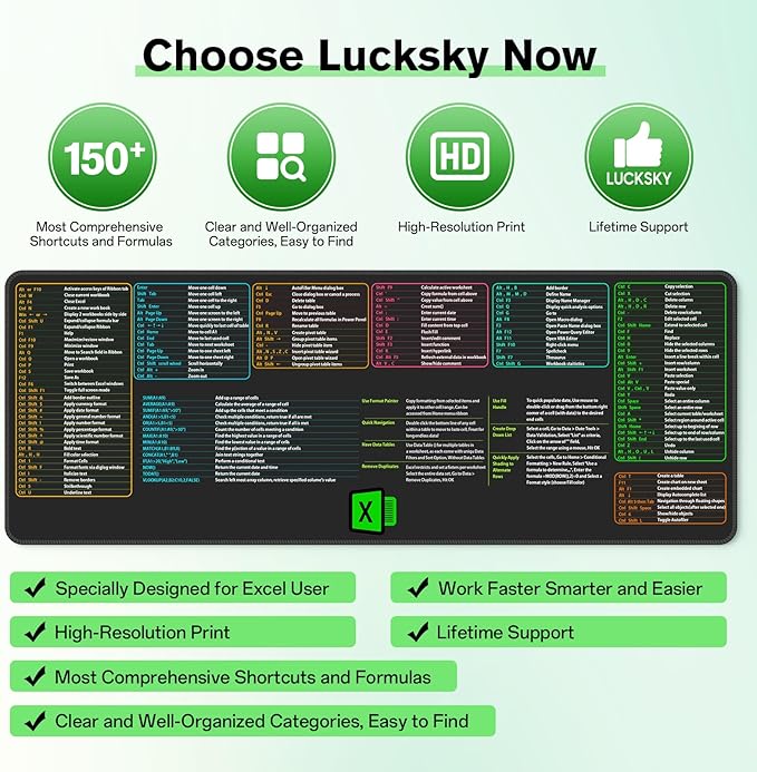 Large Excel Cheat Sheet Desk Pad, 31.49" x 11.81" Cheat Table Gaming Mousepad, Over 150 Excel Shortcuts, Non-Slip Sewn Edge, Suitable for Office Use, Employee Appreciation Gift