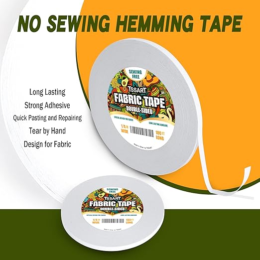 Fabric Tape - Sticky Double-Sided Tape Strong Adhesive Cloth Tape Press-on Tape, No Sewing or Ironing, Gluing, Alterations and Hemming Tape - 1/4inch Wide 180FT Long