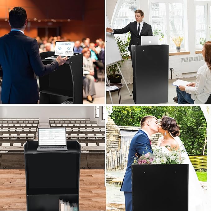 Wooden Podium Stand with Wheels, Versatile Black Lectern for Church Pulpits, Reception Desks, Lectures, Cash Registers