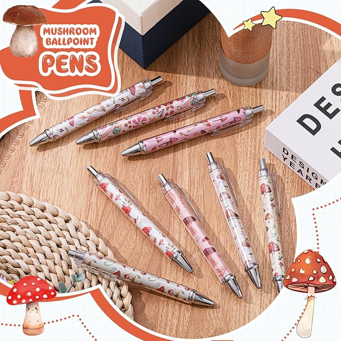 Ireer 8 Pcs Ballpoint Pens for Women 1.00 mm Cute Black Ink Fancy Pens Fine Point Smooth Writing for Journaling Aesthetic Office Supplies(Mushroom)