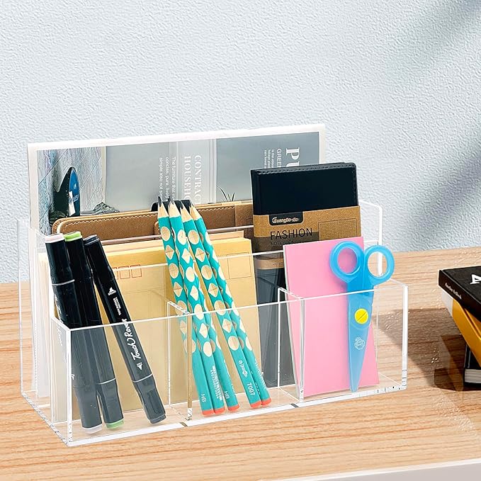 Mail Organizer, Mail Holder with 5 Slots, Modern Mail Sorter Basket for Countertop, Acrylic Desktop Bill Letter Envelope Holder, Clear