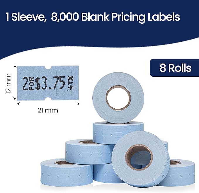 Perco 1 Line Blue Labels - 8 Rolls, 1 Sleeve, 8,000 Blank Price and Date Gun Labels for Perco 1 Line Price and Date Guns - Made in USA