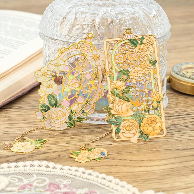 Aromoty 4 Pieces Metal Bookmarks with Pendant, Unique Cute Flower Butterfly Garden Themd Aesthetic Hollow Book Markers, Christmas Gifts for Women Reading Girls Teacher Readers Book Lover Accessories