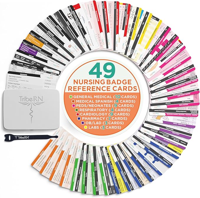 Badge Guru 2.0 by Tribe RN Nurse Badge Cards - 49 Nursing Badge Reference Cards - Cheat Sheet Flash Cards for Med School and Nursing School Students
