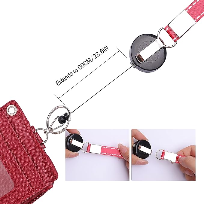 Cute ID Badge Holder Retractable Lanyard Reel Clip with Heavy Duty Carabiner, 5 Card Slots in 2 Sided with Key Ring and Zipper for Women Students Teens Girls Office Staff (Red)