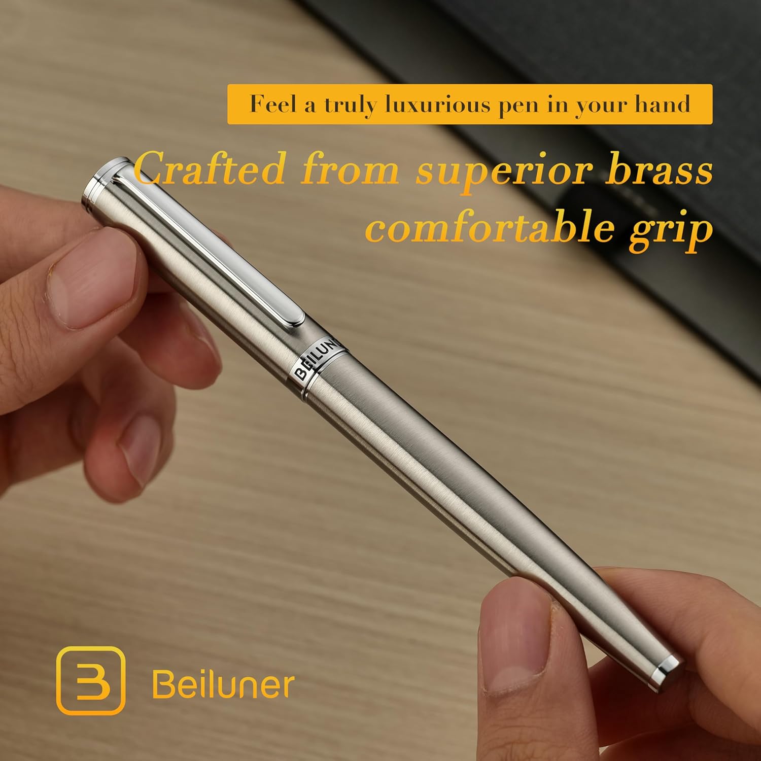 BEILUNER Luxury Fountain Pen Set, Solid 24K Gilded Medium Nib, Silver Stainless Steel Body- Includes 6 Ink Cartridges & Ink Refill Converter with Gift Case - Nice pen for Men and Women