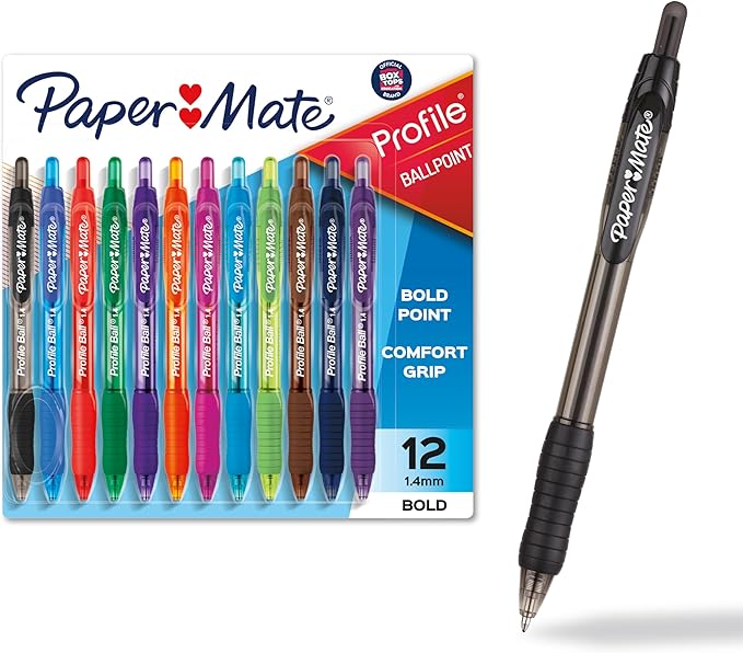 Paper Mate Profile Retractable Ballpoint Pens, Bold (1.4mm), Assorted Colors, 12 Count